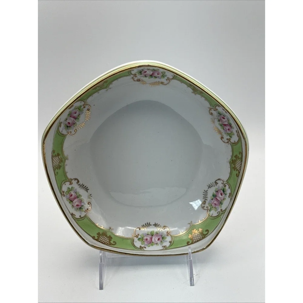 Antique Nippon Pink Floral Shabby Green &‎ Gold Beaded Octagon Footed Bowl #2517